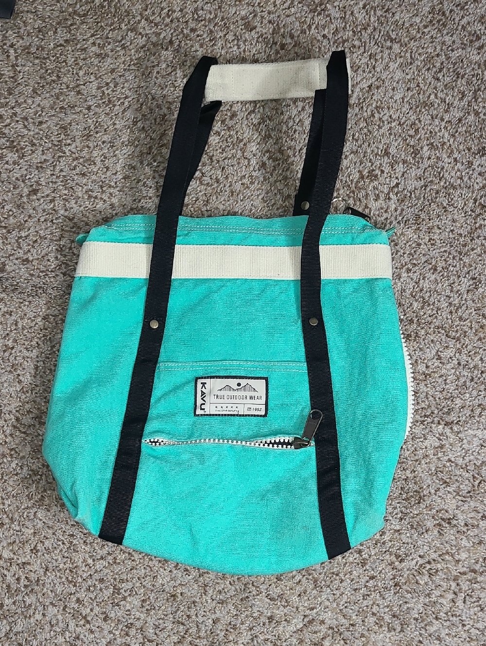 Kavu Mint Green Canvas Tote with Black Straps and Cream Trim
